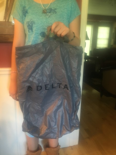 Flight barf bag - our first free souvenir